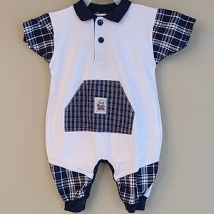 Vintage white and navy short sleeved footless romper